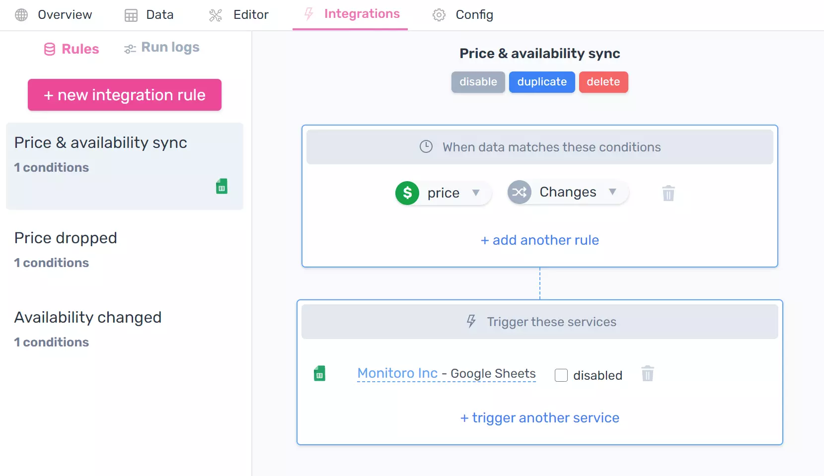 This event syncs data with Sheets when the price changes