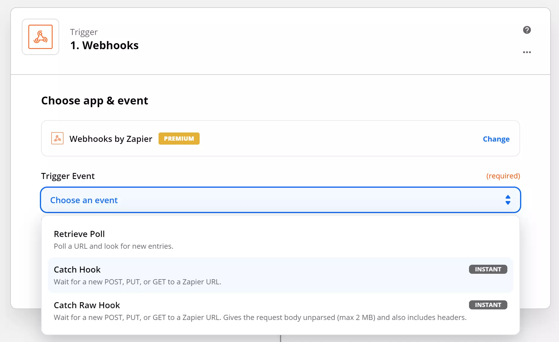 Choose the Catch Hook event in Zapier