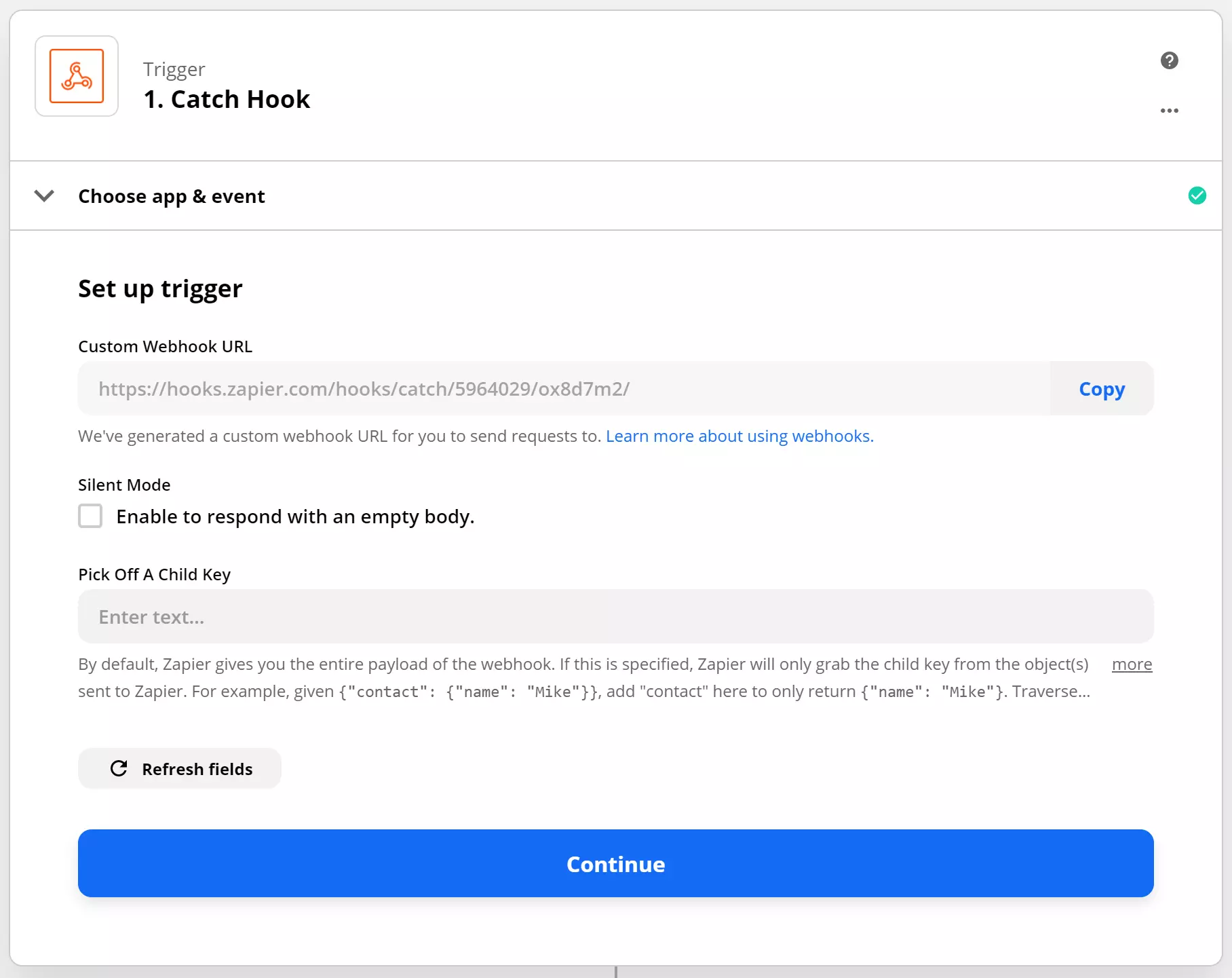 Copy the webhook URL from the Catch Hook event in Zapier